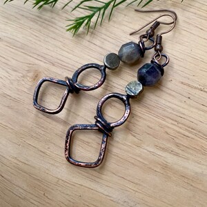 Rustic Handmade Hammered Antiqued Copper Iolite and Pyrite Earrings