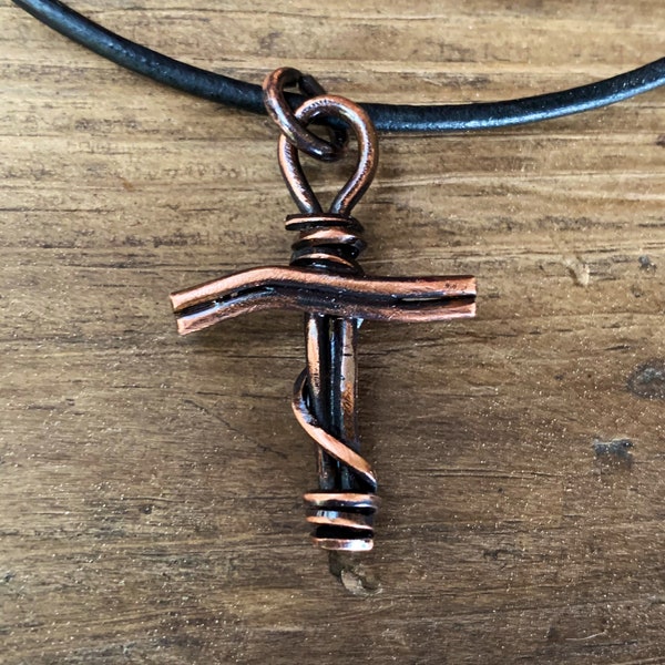 Handmade Hammered Antiqued Copper Cross Leather Cord Necklace