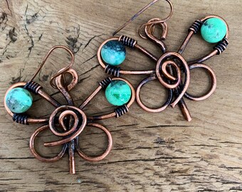 Handmade Variscite  Antiqued Copper Butterfly Earrings