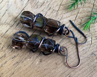 Handmade Antiqued Copper Smokey Quartz Earrings