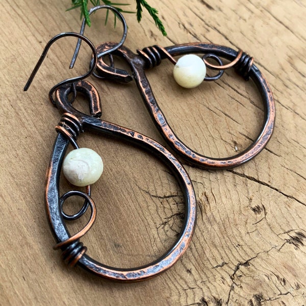 Rustic Handmade Hammered Antiqued Copper Mother of Pearl Hoop Earrings