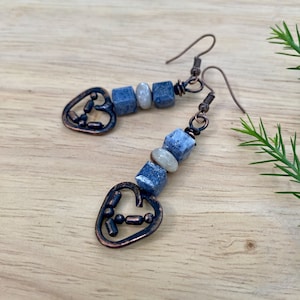 Rustic Handmade Hammered Antiqued Copper Blue Sponge Coral and Agate Heart Earrings
