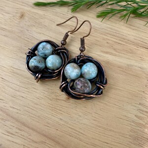 Rustic Handmade Hammered Antiqued Copper Larimar Bird Nest Earrings