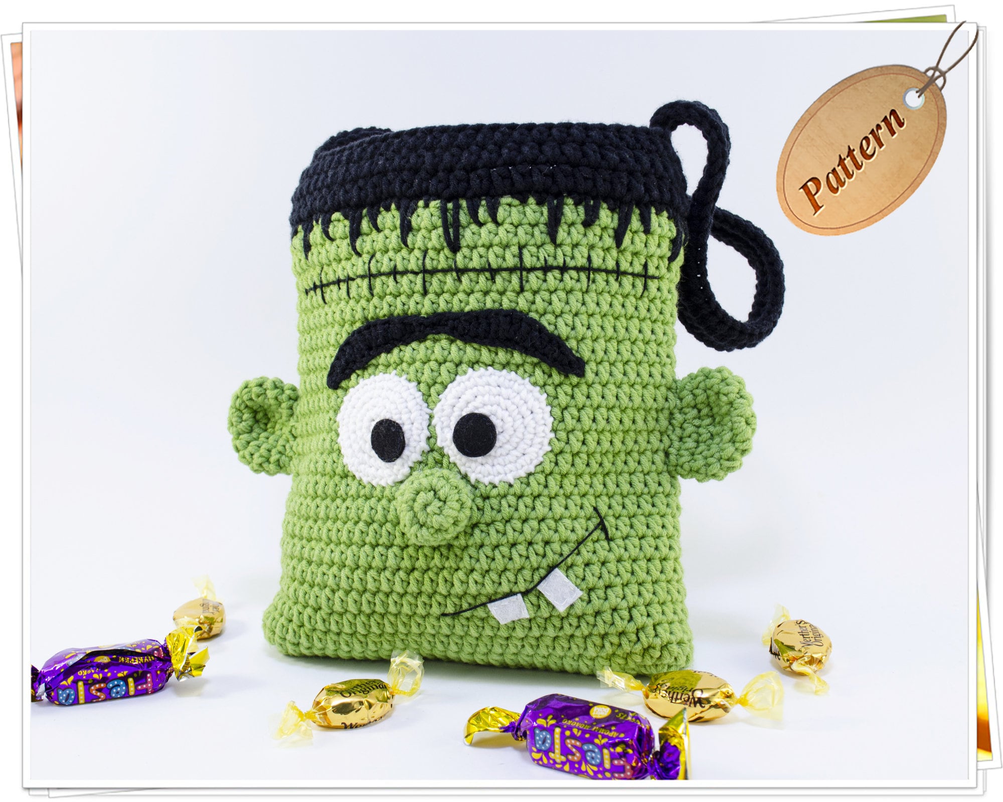Crochet Halloween Treat Bag PDF Pattern/Crochet Frankenstein Treat Bag Tutorial/Crochet Halloween Tote Bag/Halloween Treat or Trick Bag