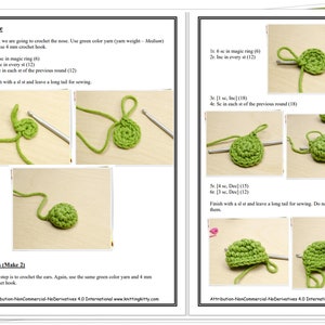 Puede incluir: Instrucciones de ganchillo para hacer una nariz y orejas verdes para un animal de peluche. Las instrucciones incluyen el n&uacute;mero de puntos que se deben hacer en cada ronda y el tama&ntilde;o del gancho de ganchillo que se debe usar.