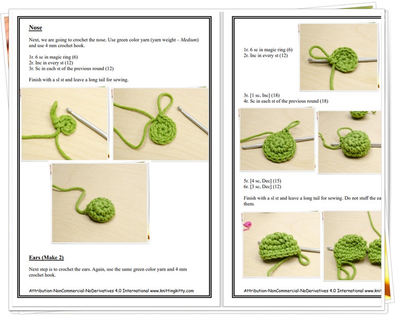 Puede incluir: Instrucciones de ganchillo para hacer una nariz y orejas verdes para un animal de peluche. Las instrucciones incluyen el n&uacute;mero de puntos que se deben hacer en cada ronda y el tama&ntilde;o del gancho de ganchillo que se debe usar.