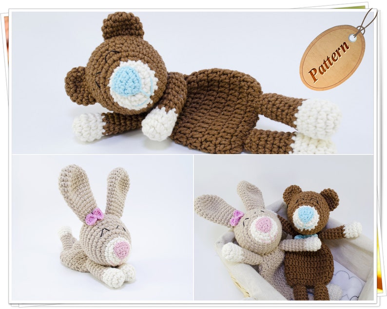 Crochet Bear and Bunny Baby Lovey PDF Pattern/Crochet Teddy Bear Snuggler/Crochet Bunny Snuggler/Crochet Security Blanket/Ragdoll Pattern image 1