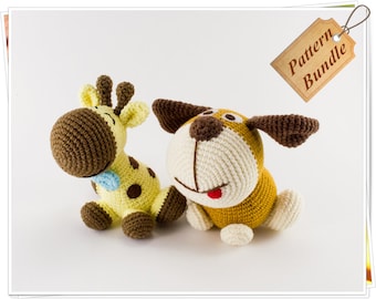 Paquete de patrones de ganchillo: Patrón de jirafa bebé Amigurumi, Patrón de perrito lindo Amigurumi