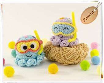 Patrón en PDF de mini pulpo para bucear a crochet/Tutorial de mini pulpo amigurumi/Pulpo bebé a crochet/Llavero de mini pulpo amigurumi