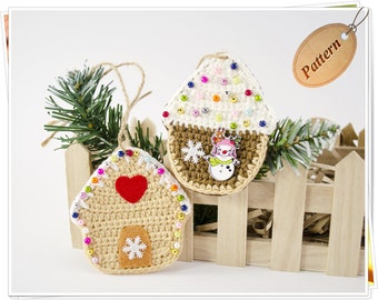 Patrón de adorno de casa de jengibre de Navidad de ganchillo/Patrón de decoración de Navidad de ganchillo/Apliques de pan de jengibre de ganchillo PDF/Navidad de ganchillo