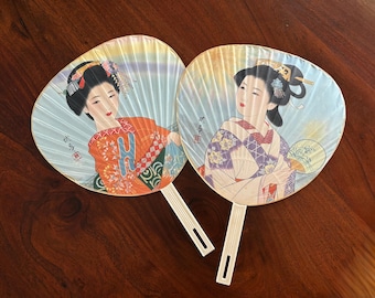 Vintage Japanese Uchiwa Fans Set | Geisha Design, 1970s Hand Fans, Asian Decor
