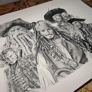 May include: A detailed pencil drawing featuring characters from the Pirates of the Caribbean film series. The artwork showcases Captain Jack Sparrow, Davy Jones, and other pirates, rendered in shades of gray and black.