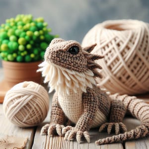 May include: A crocheted brown and white bearded dragon toy sitting on a wooden surface with two balls of yarn.