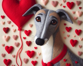 Puede incluir: Un perro de fieltro gris y blanco con un collar de fieltro rojo y un corazón de fieltro rojo en el pecho. El perro está rodeado de pequeños corazones de fieltro rojo.