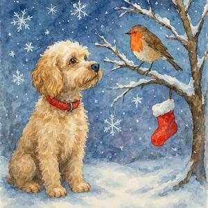 May include: A watercolour illustration of a golden-coloured curly-haired dog wearing a red collar, sitting in the snow. A small robin with an orange breast perches on a snow-covered tree branch above, where a red Christmas stocking hangs down.