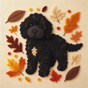 May include: A felt dog with dark brown fur and a light brown patch on its chest, surrounded by colourful felt autumn leaves in shades of orange, red, and brown. Small yellow and orange felt circles are scattered around the dog and leaves.
