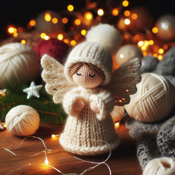 May include: A handmade, knitted angel doll in cream-colored yarn, complete with wings, a hooded hat, and a dress. The angel is surrounded by yarn balls, Christmas lights, and festive decorations, creating a cozy, holiday-themed scene.