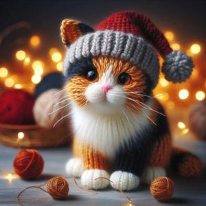 May include: A knitted calico cat wearing a red and grey Santa hat. The cat has orange, black, and white fur, with a pink nose and large eyes. Several balls of yarn and string lights are in the background, creating a cosy, festive scene.