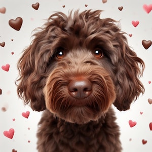 May include: A brown dog with curly hair looks directly at the camera. The dog is surrounded by small red hearts.