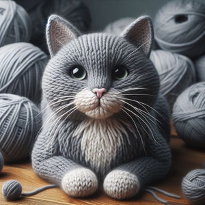 May include: A knitted grey cat with a white chest and paws, set against a backdrop of grey yarn balls. The cat has green eyes, a pink nose, and long white whiskers. The cat is sitting on a wooden surface.