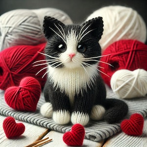 May include: A black and white knitted cat toy with a white chest and a black face. The cat is sitting on a grey and white knitted surface with red yarn hearts.