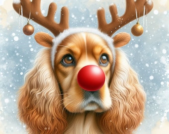 May include: A watercolor illustration of a Cocker Spaniel wearing reindeer antlers, a red nose, and small gold ornaments. The dog has long, wavy, light brown fur and is set against a snowy, blue background, evoking a festive Christmas theme.