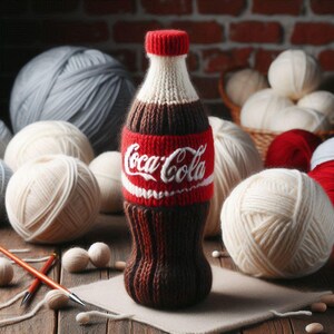 May include: A brown and red knitted Coca-Cola bottle surrounded by balls of yarn in various colours.