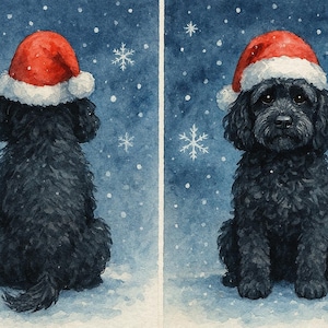 May include: A watercolour illustration featuring two views of a black curly-haired dog wearing a red and white Santa hat. The dog is positioned against a dark blue background filled with white snowflakes, showing the dog from the back and front.
