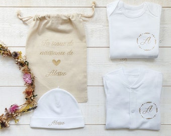 Birth outfit to personalize (pajamas + bodysuit + hat + pouch)