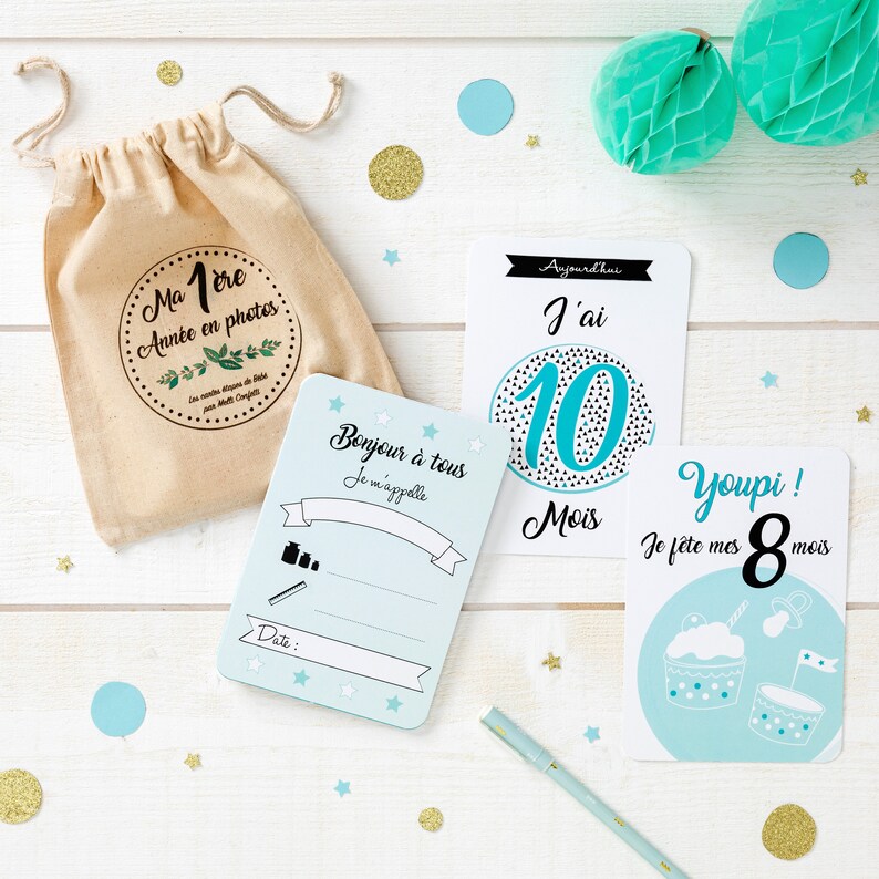 23 Cartes étapes bébé et son pochon de rangement - Créatrice ETSY : MelliConfetti