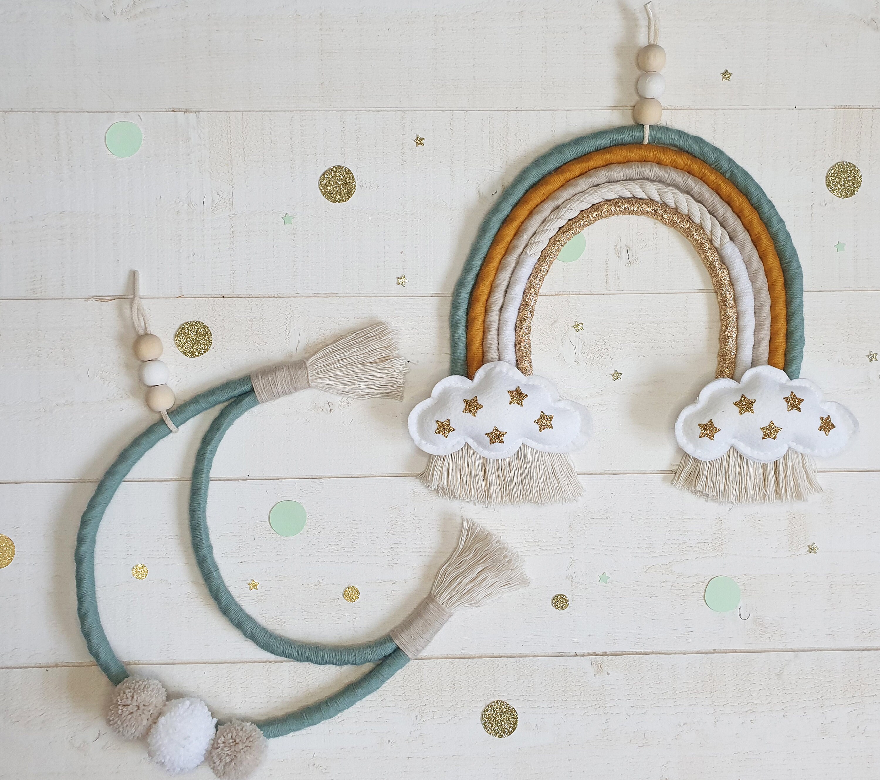 Duo Arc en Ciel et Lune Pompons Nuage Personnalisable