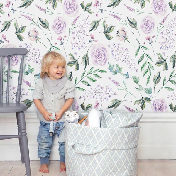 Purple Flower Wallpaper for Girls Room, Floral Nursery Wallpaper Peel & Stick, Watercolor Rose Flower Floral Wallpaper Mural Removable Decal