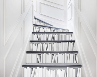 Book Stair Decals, Staircase Decals Black and White, Stair Riser Decals Vinyl, Stair Riser Stickers, Stairway Decals Strips for Stairs Decor