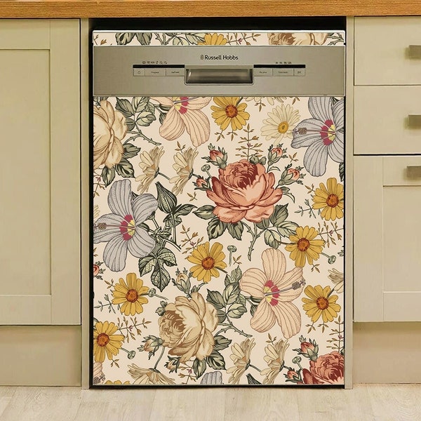 Dishwasher Magnet Cover Vintage Floral. Retro Flowers Kitchen Dishwasher Cover Magnetic Decal Vinyl. Boho Kitchen Decor Self Adhesive Wrap