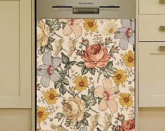 Dishwasher Magnet Cover Vintage Floral. Retro Flowers Kitchen Dishwasher Cover Magnetic Decal Vinyl. Boho Kitchen Decor Self Adhesive Wrap