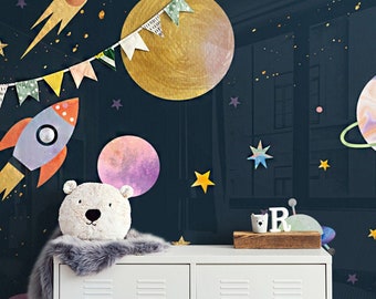 Kids Space Wallpaper for bedroom, Outer Space Wallpaper for boys room, Space Wallpaper Kids Room, Self Adhesive Vinyl Wallpaper Peel & Stick