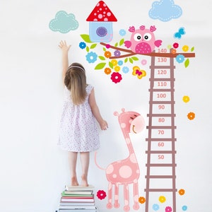 Groeigrafiek muur sticker voor meisjeskamer, hoogte groeigrafiek vinyl stickers, kwekerij groeigrafiek uil Giraffe muur decor