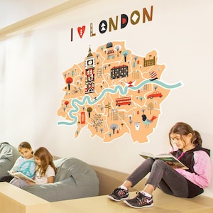 Mappa di Londra Decalcomania murale, Mappa di Londra per bambini, Mappa di Peel & Stick Londra, Inghilterra Decalcomanie murali per classe, Decalcomanie murali a tema Londra per parete