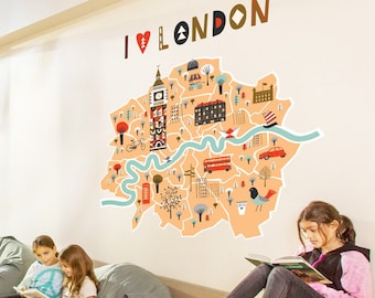 London Map Wall Decal, London Map For Kids, Peel & Stick London Map, England Wall Decals for Classroom, London Themed Wall Decals for Wall