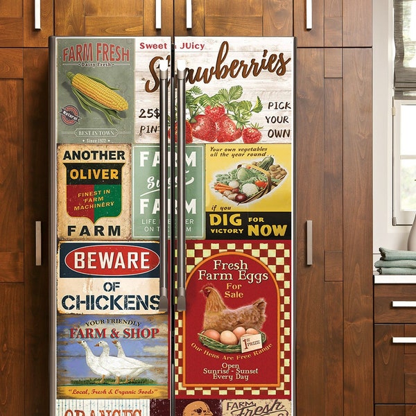 Boerderij retro koelkastomslag, vintage koelkast vinylomslag zij aan zij, boerderijlabels stickers, koelkast huidomslag rustiek aangepast keukendecor