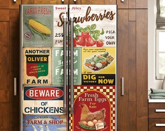 Farm Retro Fridge Wrap Vintage Fridge Decals Vinyl Wrap Side by Side Retro Lables Decal, Refrigerator Skin Cover, Farmhouse Kitchen Decor