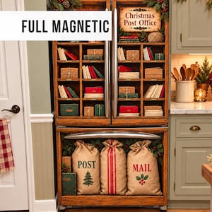 May include: A full magnetic refrigerator cover featuring a wood-grain shelf design with cubbies filled with envelopes and wrapped gifts. The top section displays a sign reading Christmas Post Office, while the bottom shows three burlap sacks labeled POST and MAIL with holiday greenery.