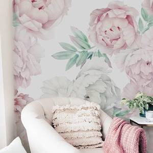 Pink Peony Wallpaper Nursery Peel and Stick, Peony Flower Wallpaper, Blush Peony Floral Wallpaper, Large Peony Rose Vinyl Wallpaper Mural