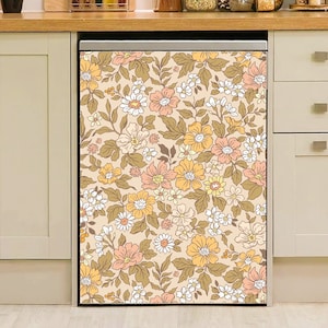May include: A stainless steel dishwasher with a floral pattern on the front. The pattern features a variety of flowers in shades of orange, yellow, and white on a beige background.