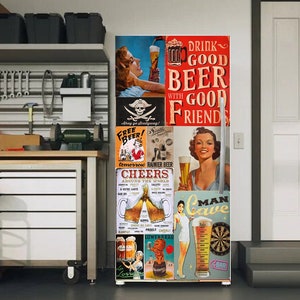 Beer Fridge Wrap Retro, Beer fridge decal, Refrigerator Wrap Vintage Stickers, Beer fridge for Man Cave, Fridge skins, Garage Fridge Decor