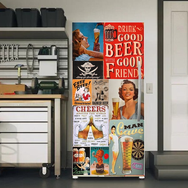 Beer Fridge Wrap Retro, Beer fridge decal, Refrigerator Wrap Vintage Stickers, Beer fridge for Man Cave, Fridge skins, Garage Fridge Decor