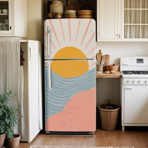 Fridge Wrap Mid Century, Refrigerator Wrap Vinyl Side by Side Decorative Top Bottom Freezer, Fridge Decal Self Adhesive Boho Kitchen Decor