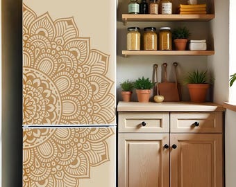 Fridge Wrap Beige Mandala, Refrigerator Wrap Vinyl Side by Side, Top Bottom Freezer, Decorative Boho Fridge Decal Wallpaper Kitchen Decor
