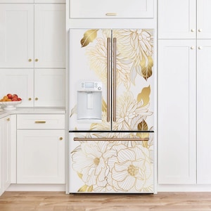 Floral Fridge Wrap Vinyl, Refrigerator Wrap Side by Side Gold White Fridge Decals Top Bottom, Decorative Self Adhesive Flower Kitchen Decor