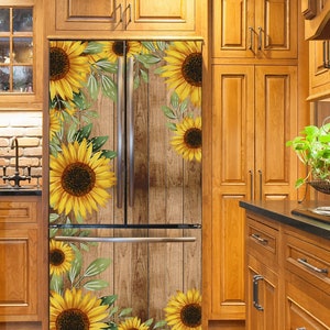 Farmhouse Fridge Wrap Sunflower Wood Refrigerator Wrap Vinyl Side by Side Rustic Decorative Fridge Decals Self Adhesive Flower Kitchen Decor